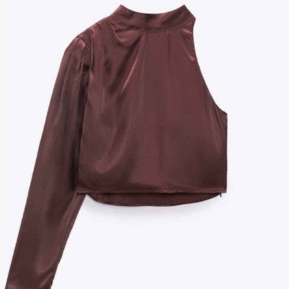 NWOT Zara Small Brown Satin Asymmetrical Top